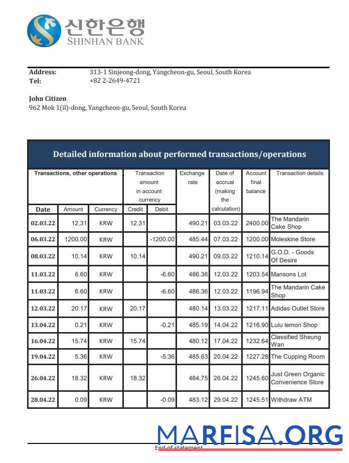 Blank South Korea Shinhan bank statement excel example